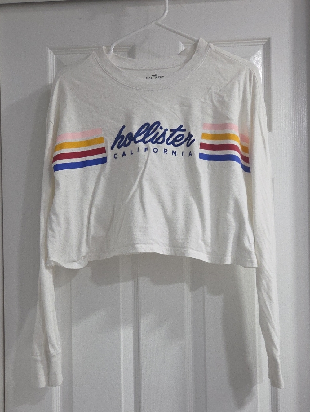 Hollister White Cropped Long Sleeve Tee with Multicolor Stripes